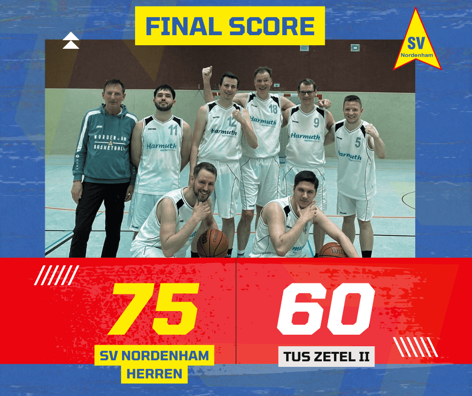 Männerbasketballmannschaft von SV Nordenham jubelt nach dem Spiel, Endstand: 75 zu 60 gegen TUS Zetel II.
