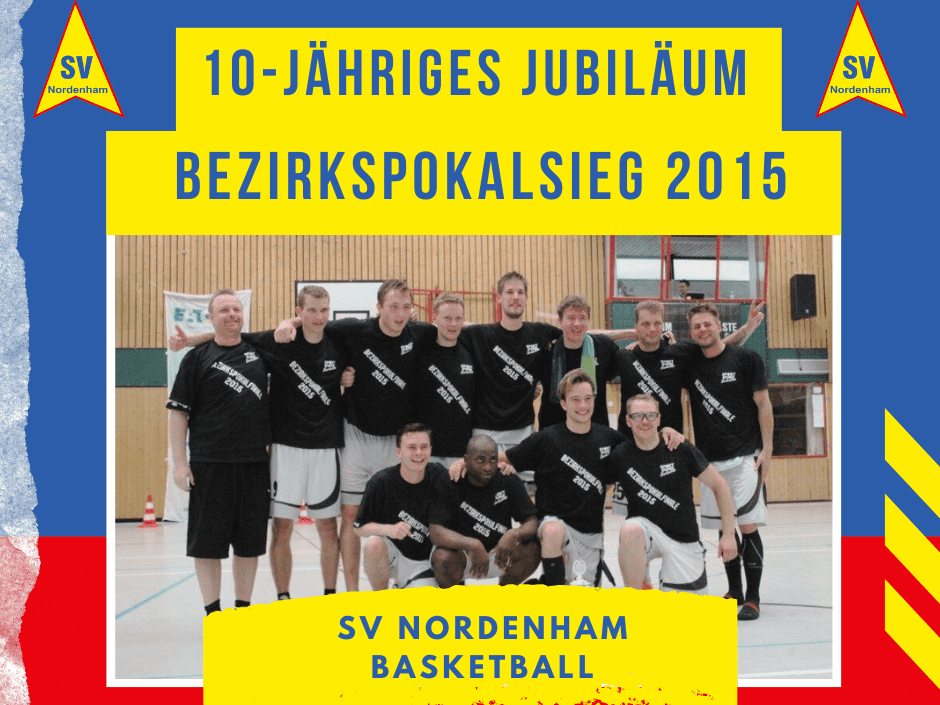 Gruppenfoto von Basketballspielern des SV Nordenham, die ihr 10-jähriges Jubiläum des Bezirkspokalsiegs feiern.