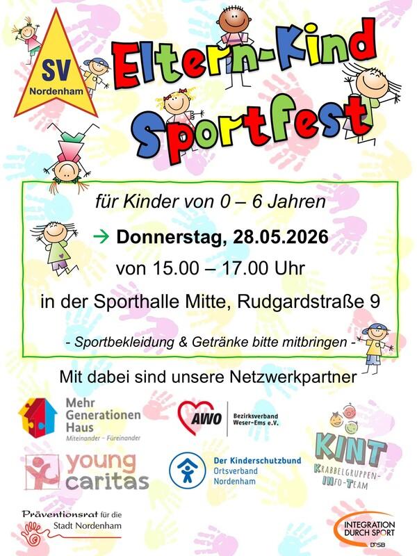Bunt gestaltetes Plakat für ein Eltern-Kind-Sportfest in Nordenham mit Informationen zu Datum, Uhrzeit und Location.