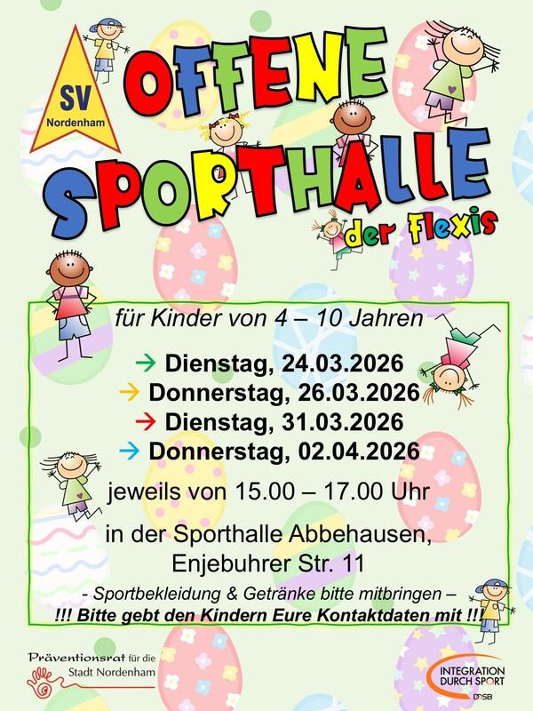 Buntes Plakat für die offene Sporthalle in Nordenham mit Terminen und Informationen für Kinder von 4-10 Jahren.
