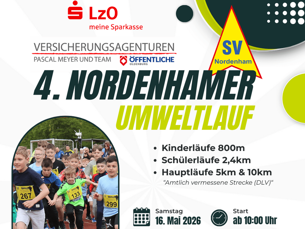 Werbeplakat für den 4. Nordenhamer Umweltlauf mit Foto von Kindern beim Start eines Laufs auf einer Tartanbahn.