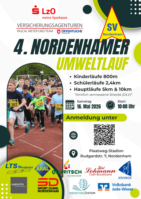 Plakat für den 4. Nordenhamer Umweltlauf am 26. April 2025 im Plaatwegstadion mit Informationen zu Kategorien und Anmeldung.