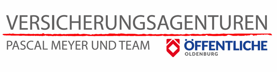 Logo der Versicherungsagentur Pascal Meyer und Team mit dem Schriftzug „VERSICHERUNGSAGENTUREN“ in Grau und rot unterstrichen.