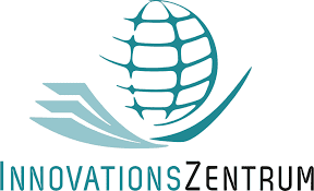 Logo des InnovationsZentrums mit stilisierter Weltkugel und dynamischen Linien in Blau- und Grautönen.