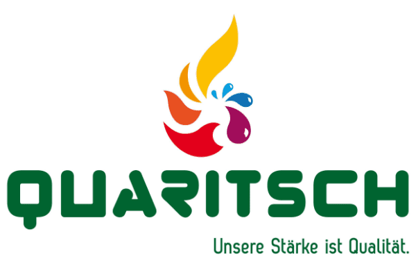 Logo der Firma Quaritsch mit bunten Flammen und dem Slogan „Unsere Stärke ist Qualität“ in grüner Schrift.