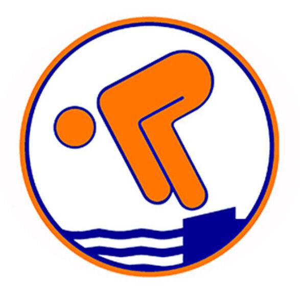 Logo mit stilisierter Figur, die ins Wasser springt, umgeben von einem runden Rahmen in Orange und Blau.