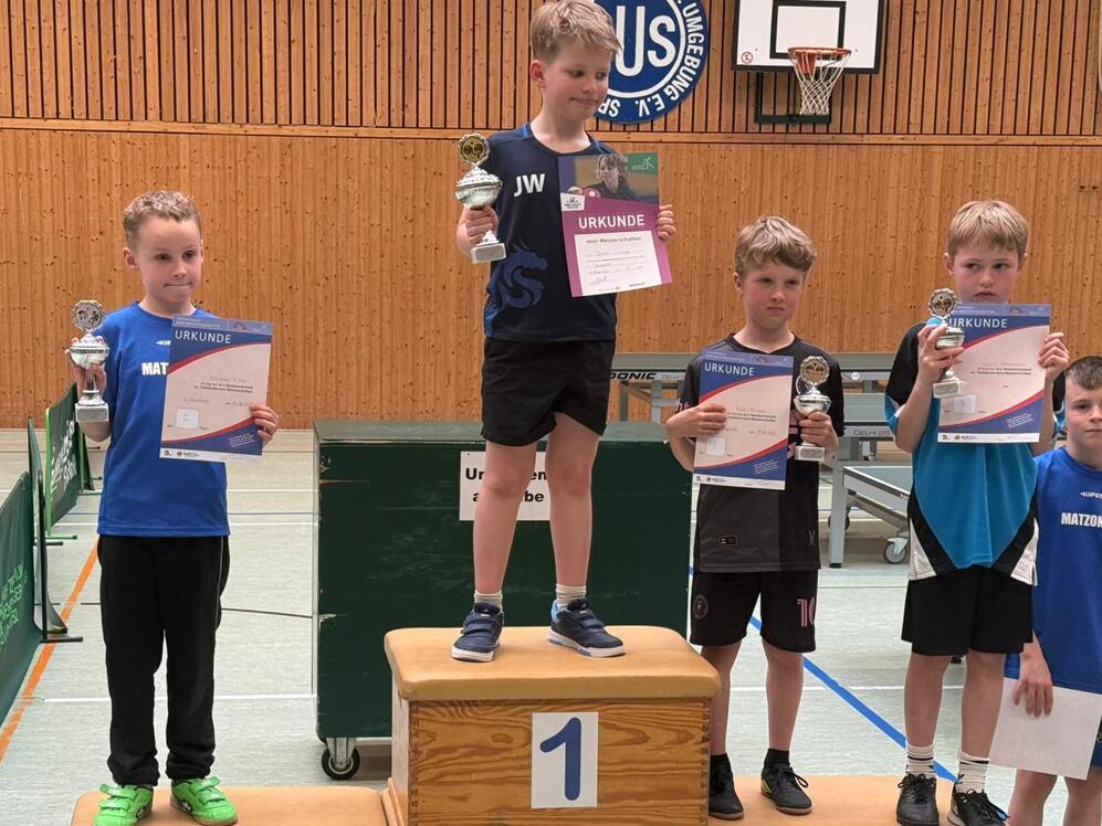 Fünf Jungen in Sportkleidung stehen in einer Turnhalle auf einem dreistufigen Siegerpodest und halten Urkunden und Pokale