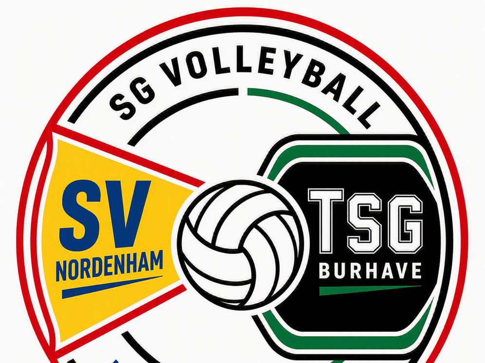 Rundes Vereinslogo mit einem stilisierten Volleyball in der Mitte, links gelbes Dreieck mit 'SV Nordenham', rechts schwarzes Rechteck mit 'TSG Burhave', außen rote und grüne Kreise sowie die Schriftzüge 'SG Volleyball', 'Nordenham', 'Burha