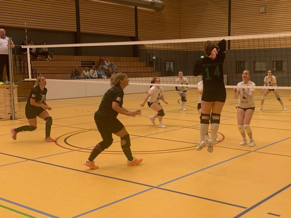 Sporthalle während eines Volleyballturniers, Spieler in Aktion und Zuschauer auf den Tribünen.
