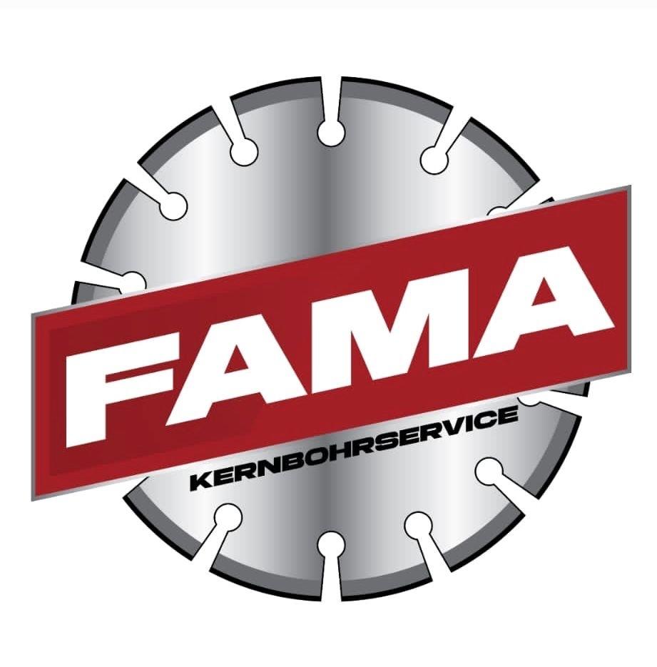 Logo von FAMA Kernbohrservice mit einem silbernen Bohrkranz und rotem Schriftzug.